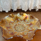 Vintage Carmel Holly And Berry Fenton Carnival Glass Iridescent Ruffle Top Bowl