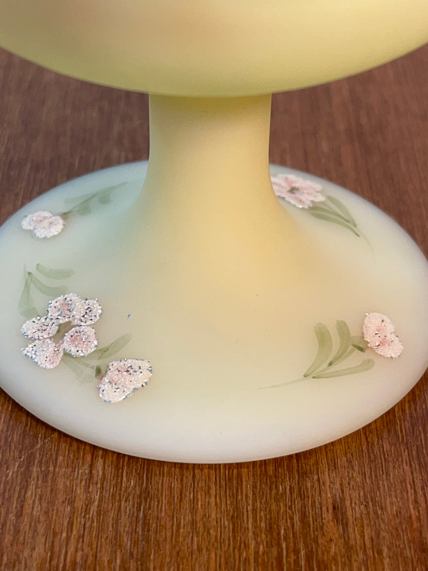 Vintage Uranium Ruffle Top Fenton Embossed Floral Design Pedestal Dish