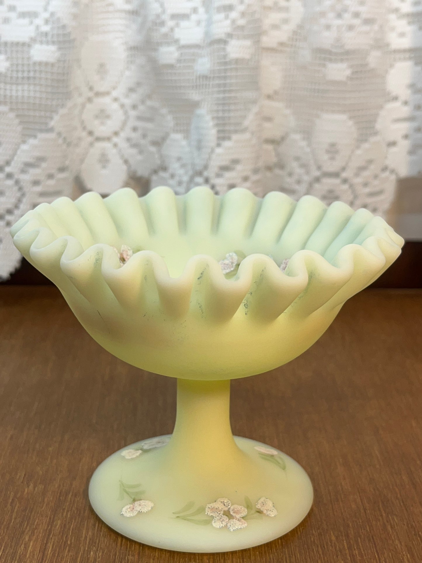 Vintage Uranium Ruffle Top Fenton Embossed Floral Design Pedestal Dish