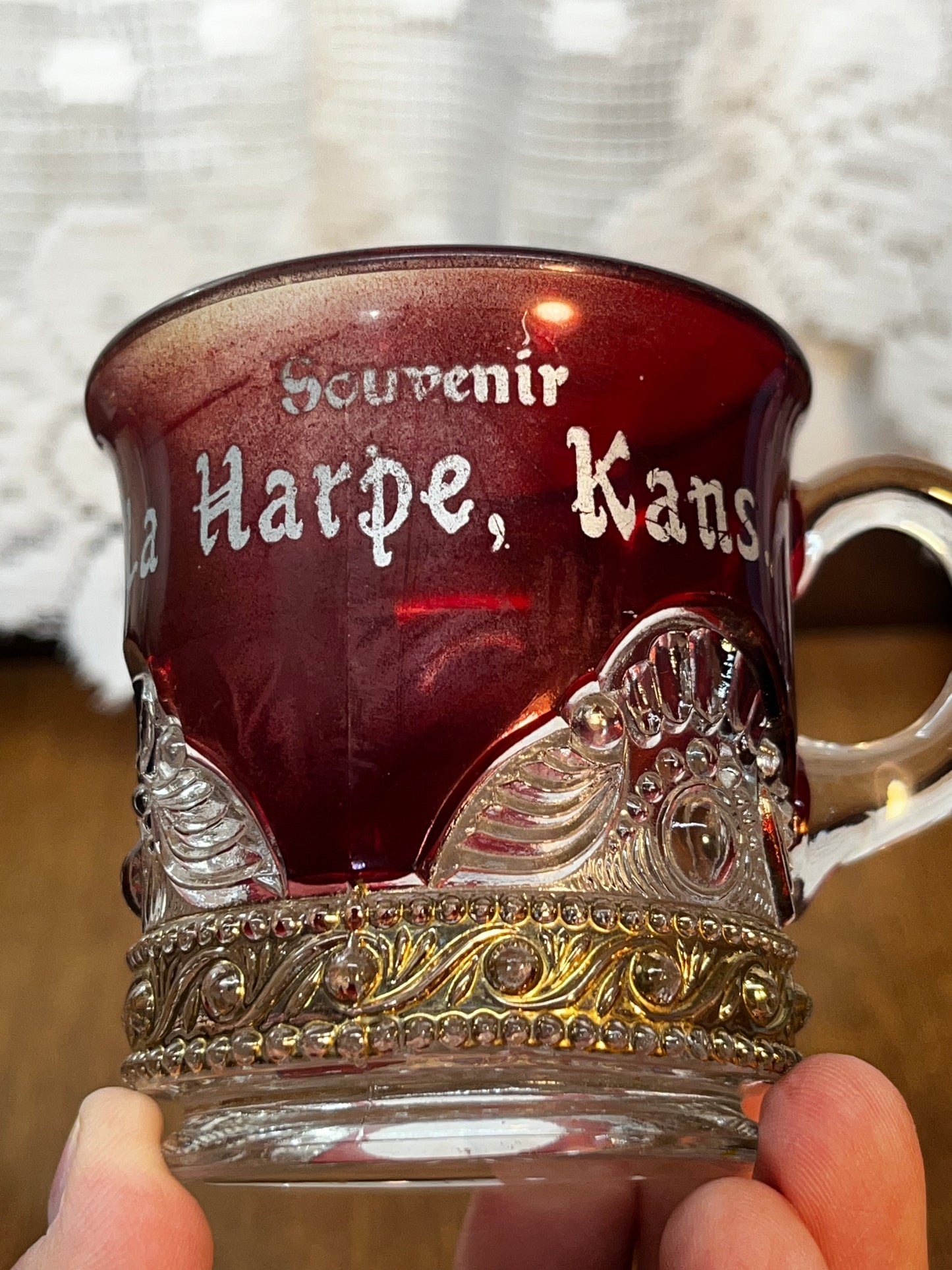 Vintage Collectible Ruby Stained La Harpe, Kansas Souvenir Glass