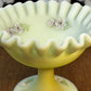 Vintage Uranium Ruffle Top Fenton Embossed Floral Design Pedestal Dish