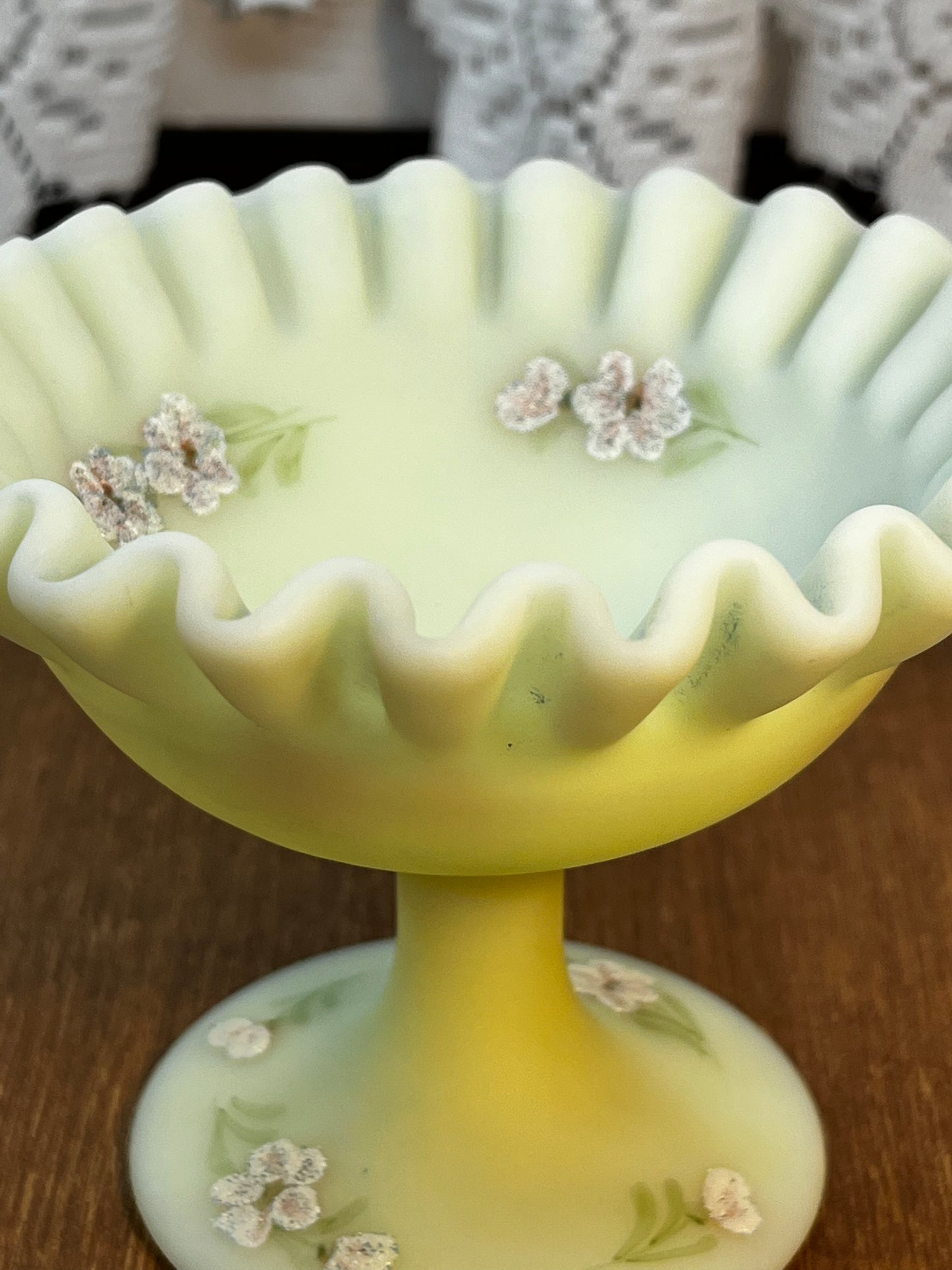 Vintage Uranium Ruffle Top Fenton Embossed Floral Design Pedestal Dish