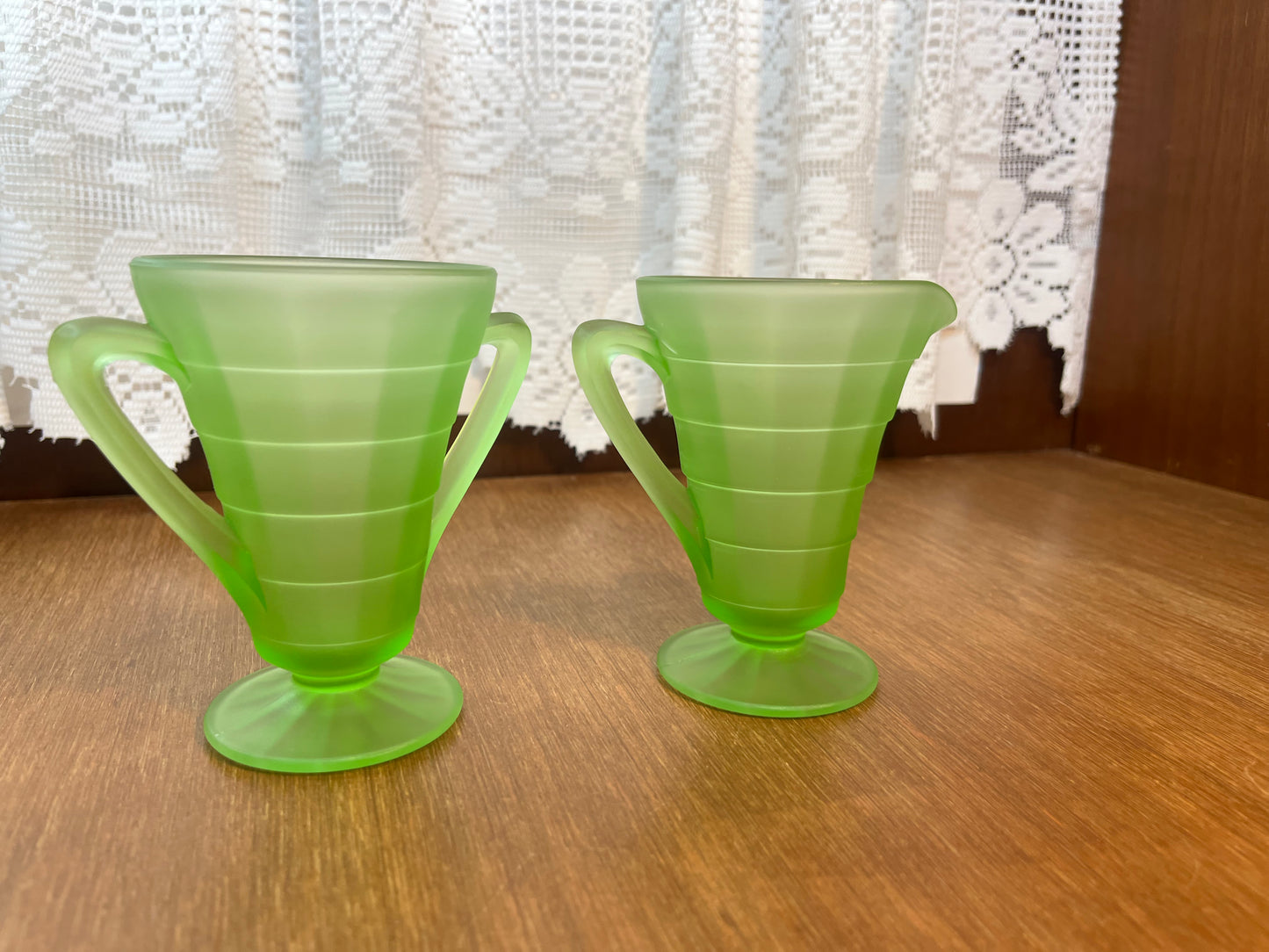 Vintage Frosted Uranium Glass Cream And Sugar Set