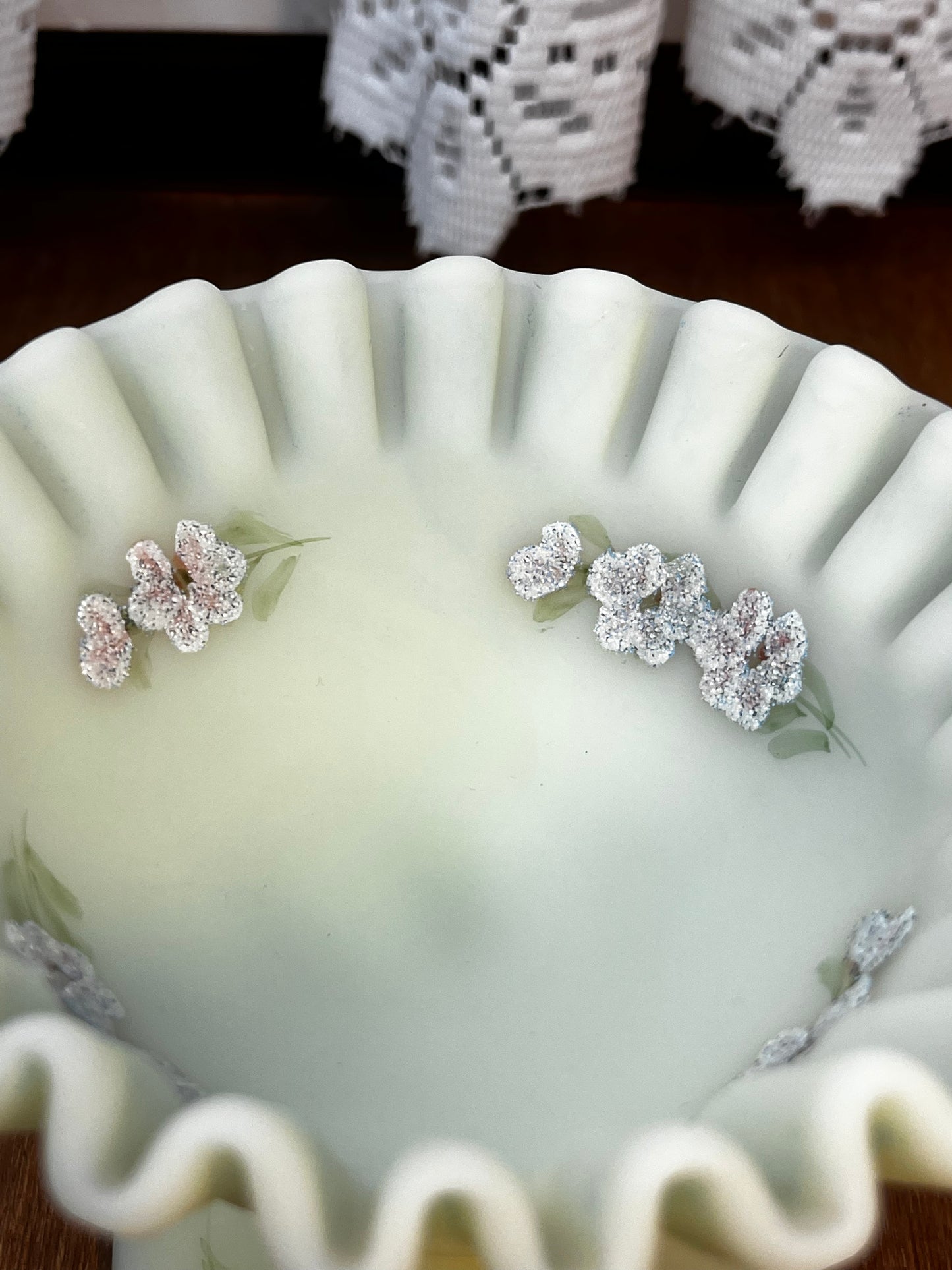 Vintage Uranium Ruffle Top Fenton Embossed Floral Design Pedestal Dish