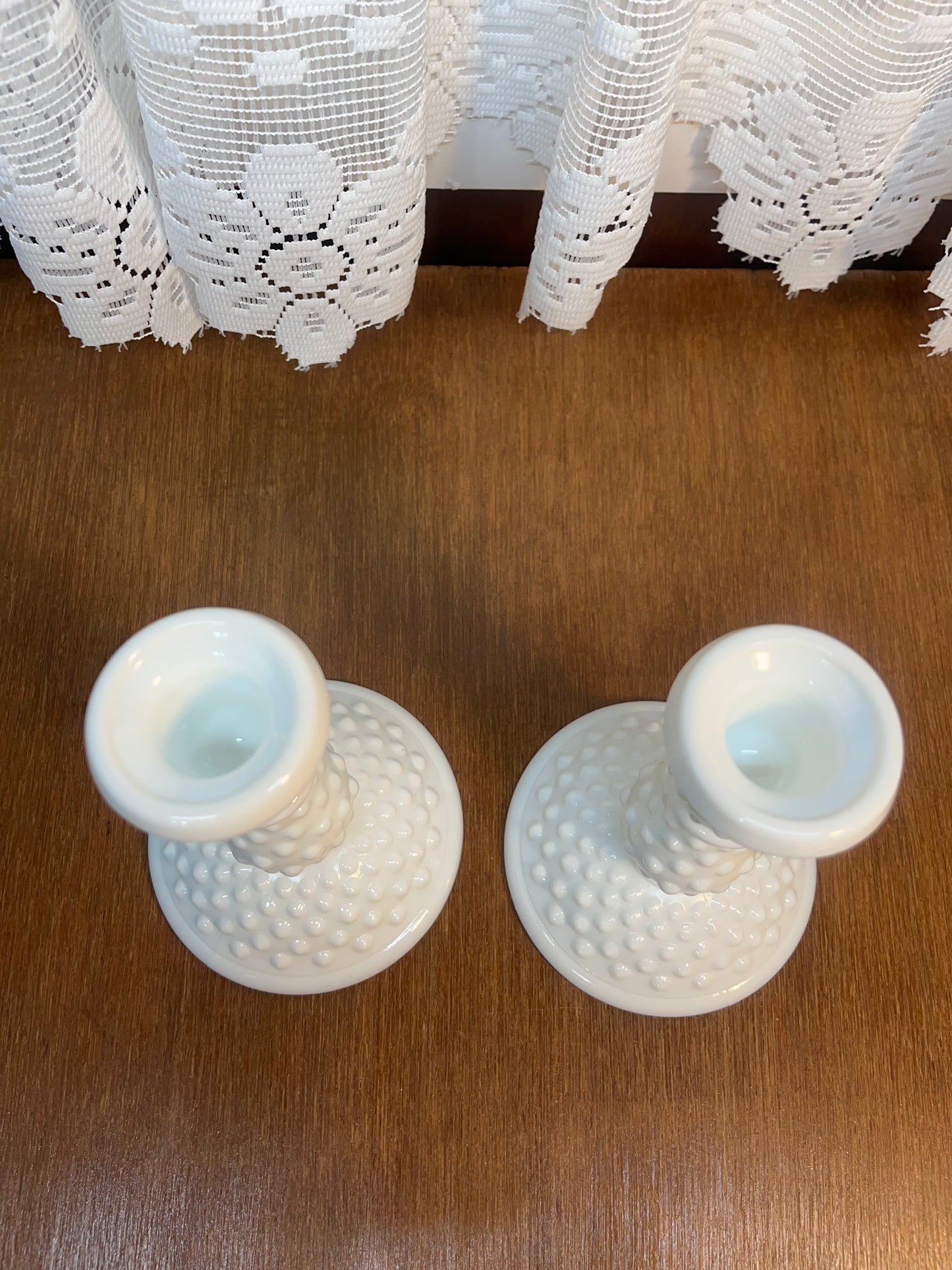 Vintage Milk Glass Hobnail Candle Holder Set