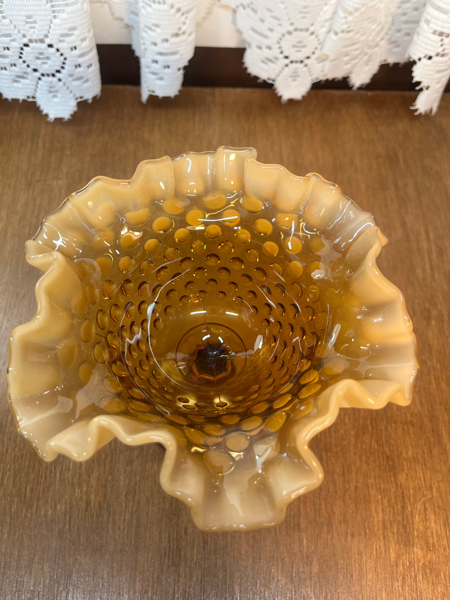 Vintage Amber Opalescent Fenton Ruffle Top Hobnail Pedestal Dish