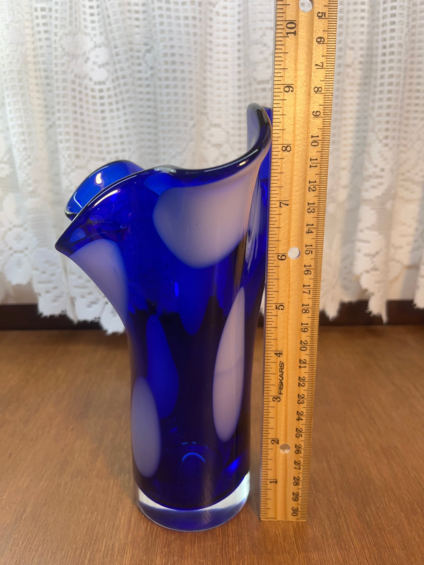 Art Glass Ruffle Top Cobalt Blue With White Spots Vase