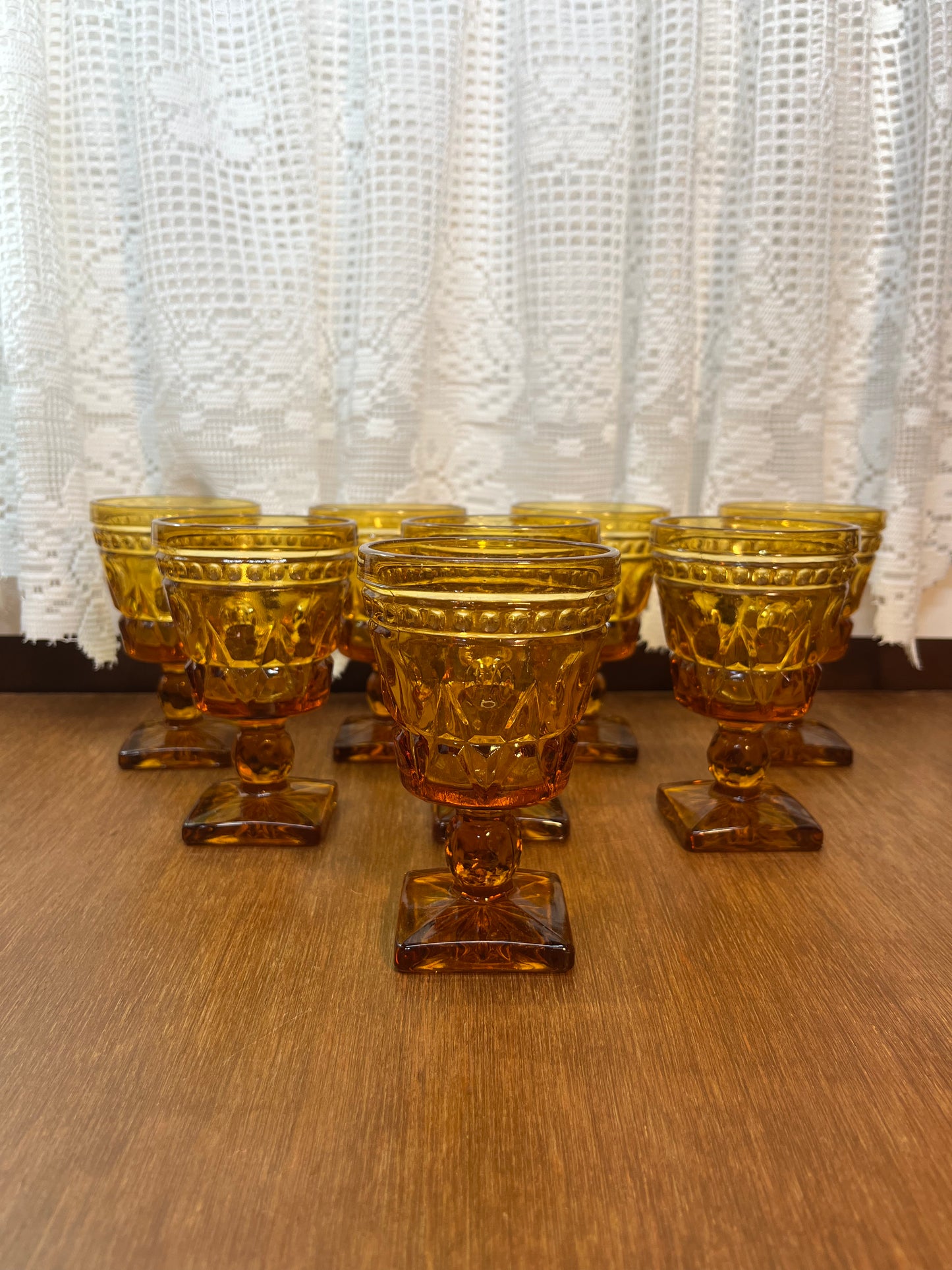 Eight Vintage Amber Indiana Glass Colony Park Lane Drinking Glasses