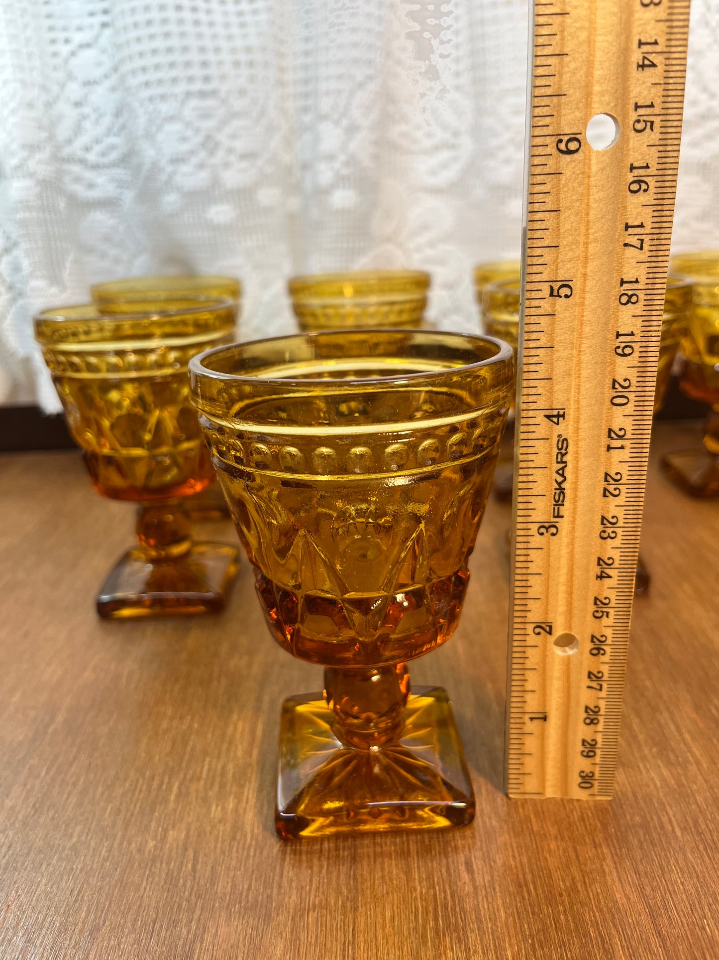 Eight Vintage Amber Indiana Glass Colony Park Lane Drinking Glasses