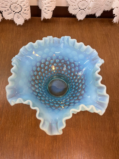 Vintage Opalescent Blue & White Ruffle Top Hobnail Pedestal Dish