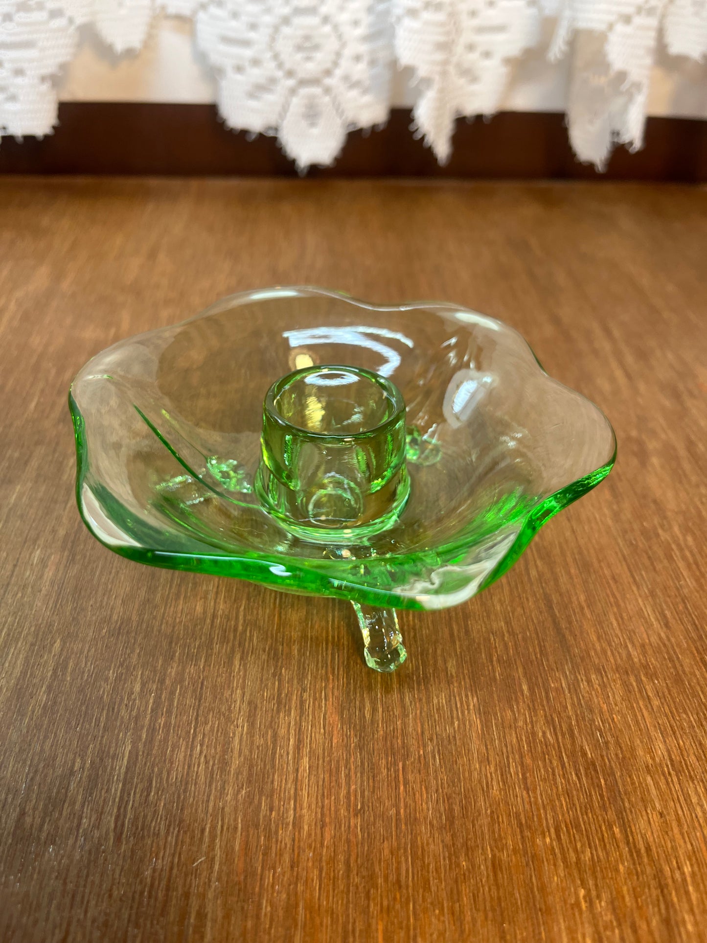 Vintage Set Of Uranium Glass Lotus Candle Holders