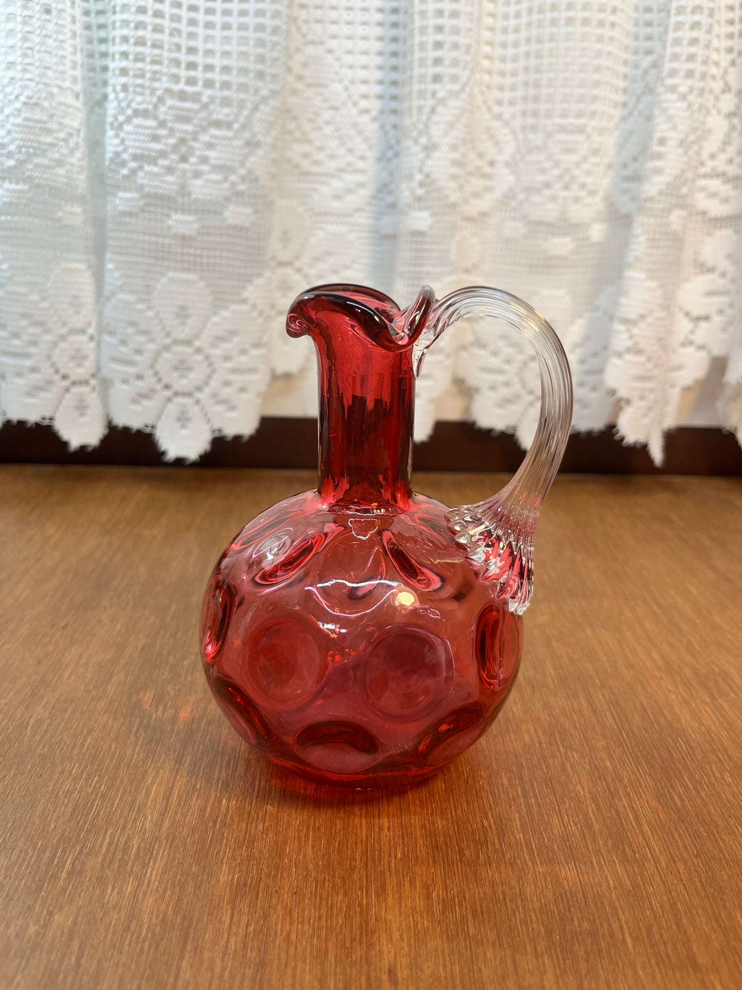 Vintage Cranberry Ruffle Top Art Glass Cruet