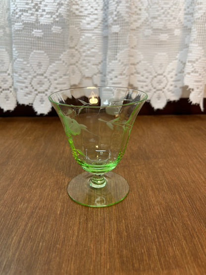 Vintage Short Uranium Floral Etched Glass