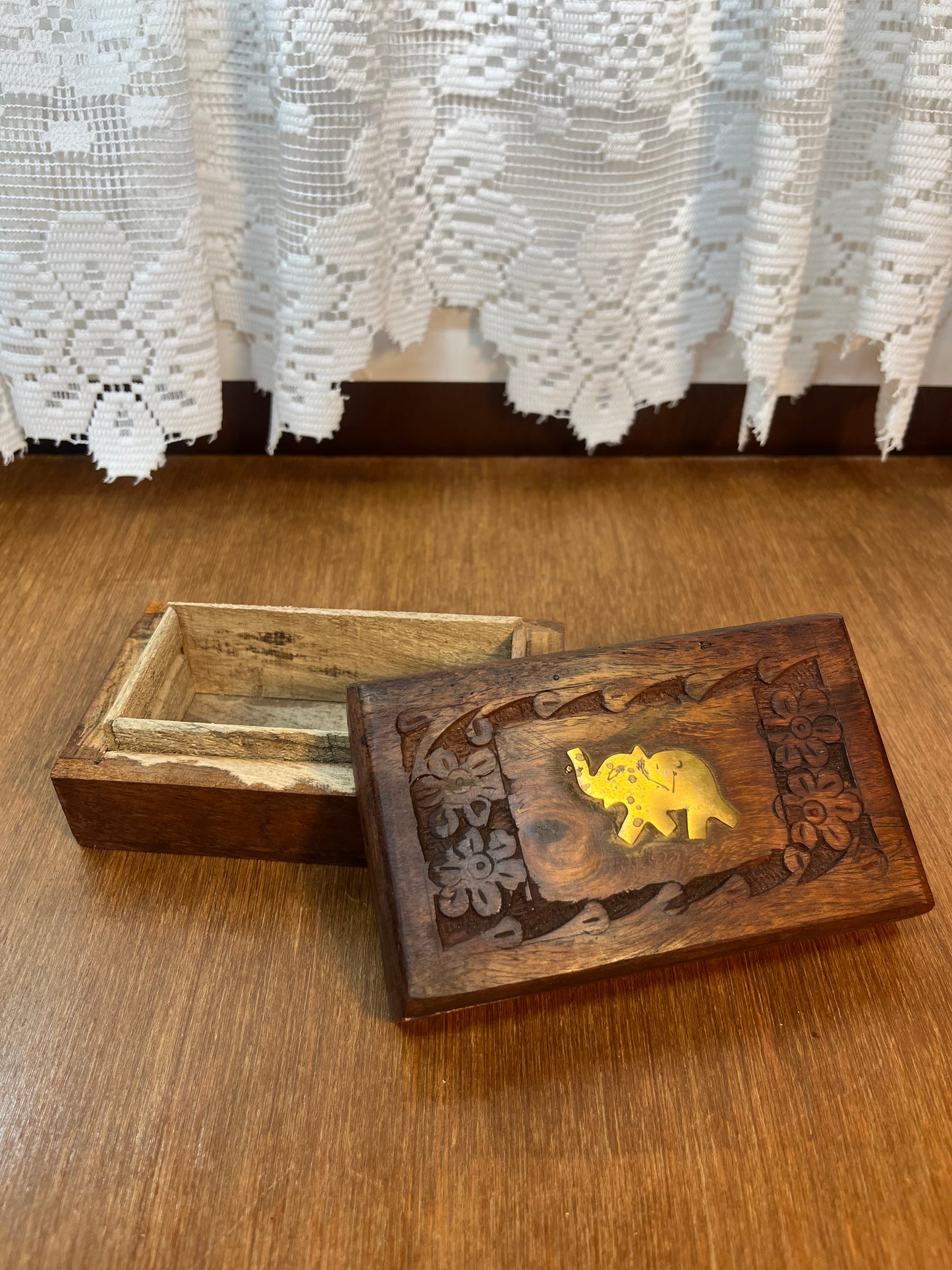 Vintage Hand-Carved Wooden Elephant Trinket Box