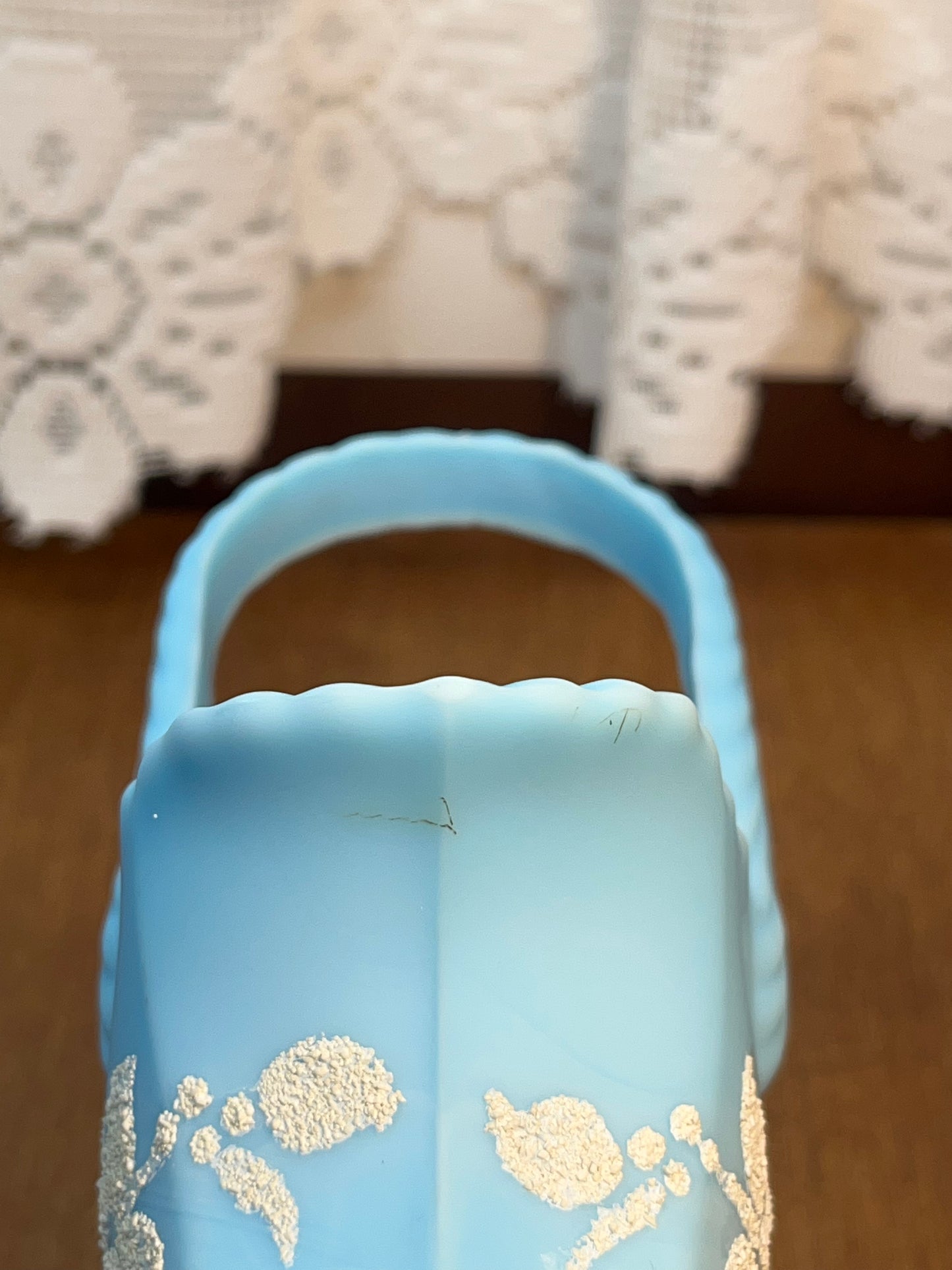 Vintage Blue Satin Westmoreland With White Floral Design Basket