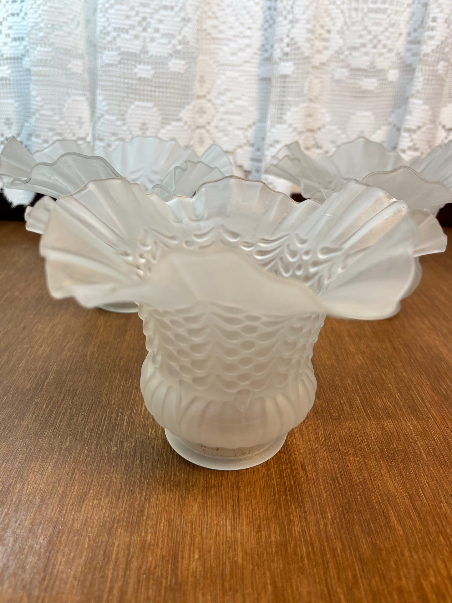 Three Frosted Ruffled Glass Shades