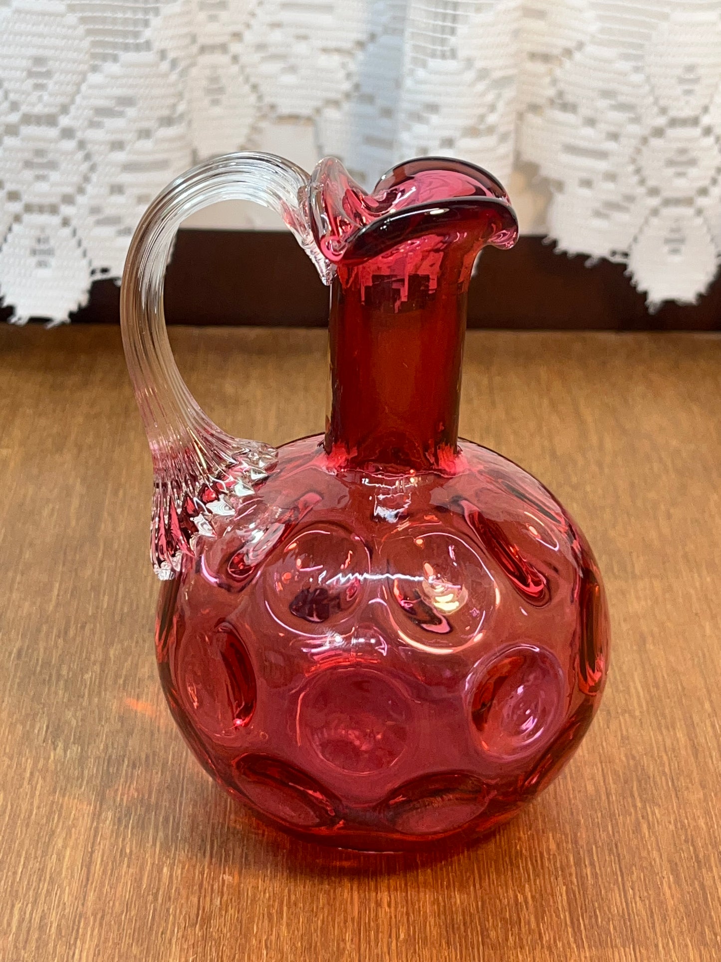 Vintage Cranberry Ruffle Top Art Glass Cruet