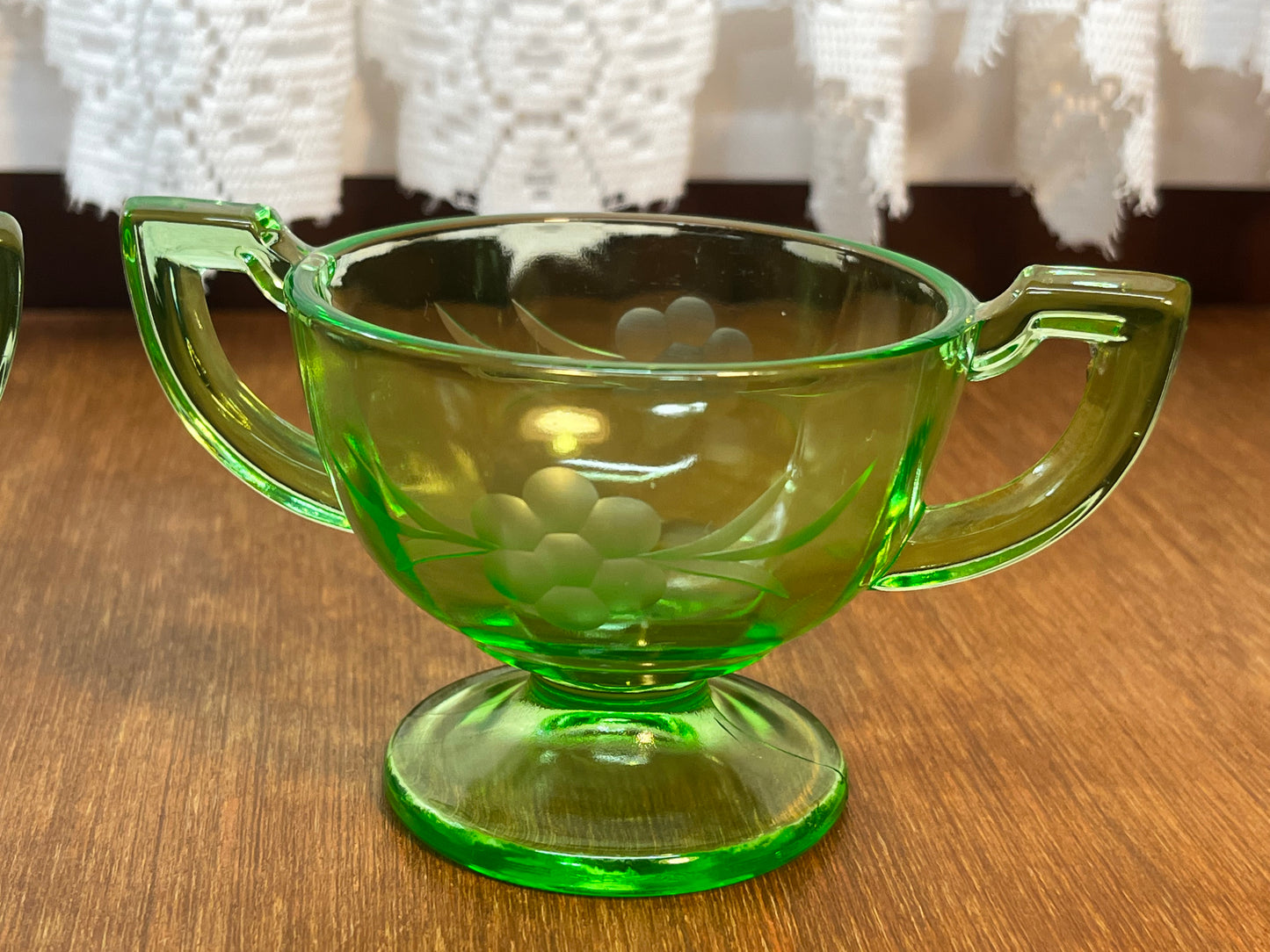 Vintage Floral Etched Uranium Cream & Sugar Glass Set