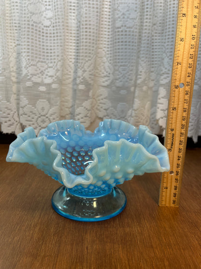 Vintage Opalescent Blue & White Ruffle Top Hobnail Pedestal Dish