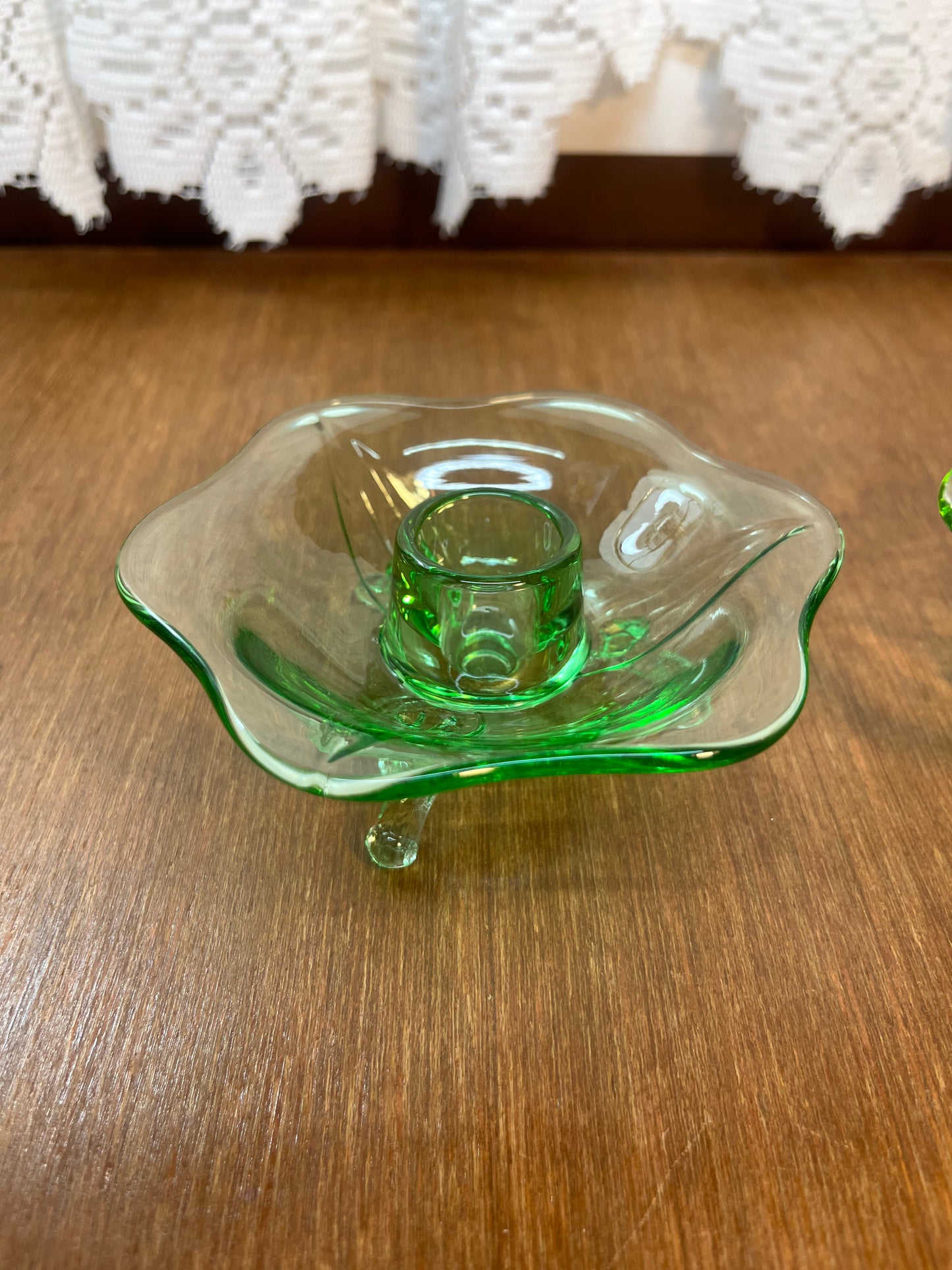 Vintage Set Of Uranium Glass Lotus Candle Holders