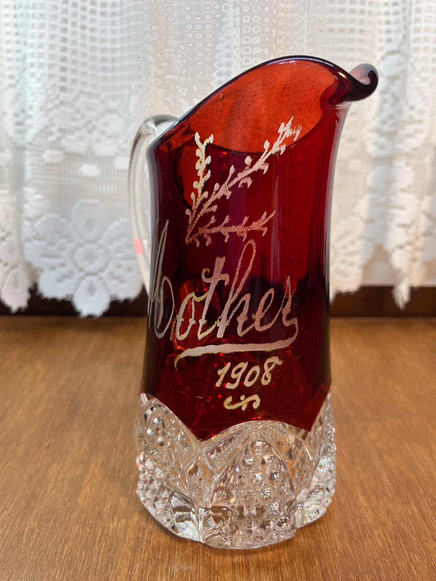 Vintage Art Glass Mother 1908 Ruby Creamer