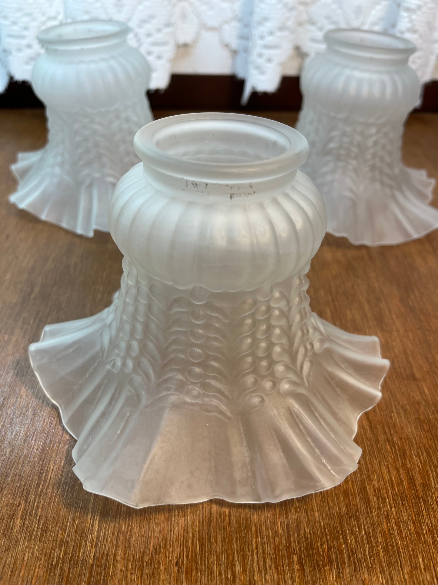 Three Frosted Ruffled Glass Shades