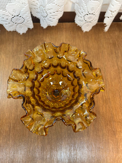 Vintage Amber Thumbprint Fenton Ruffle Top Pedestal Dish