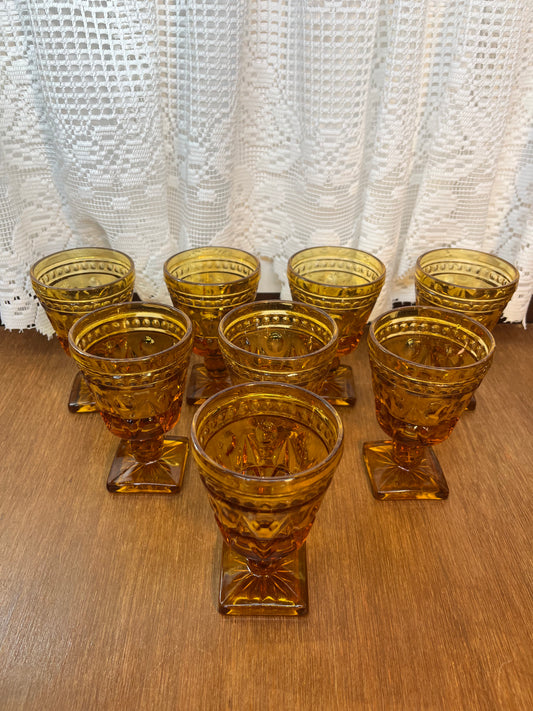 Eight Vintage Amber Indiana Glass Colony Park Lane Drinking Glasses