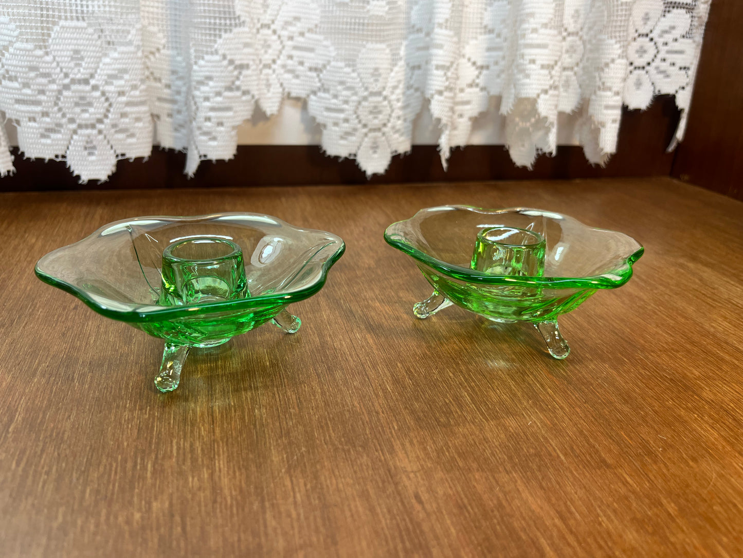 Vintage Set Of Uranium Glass Lotus Candle Holders