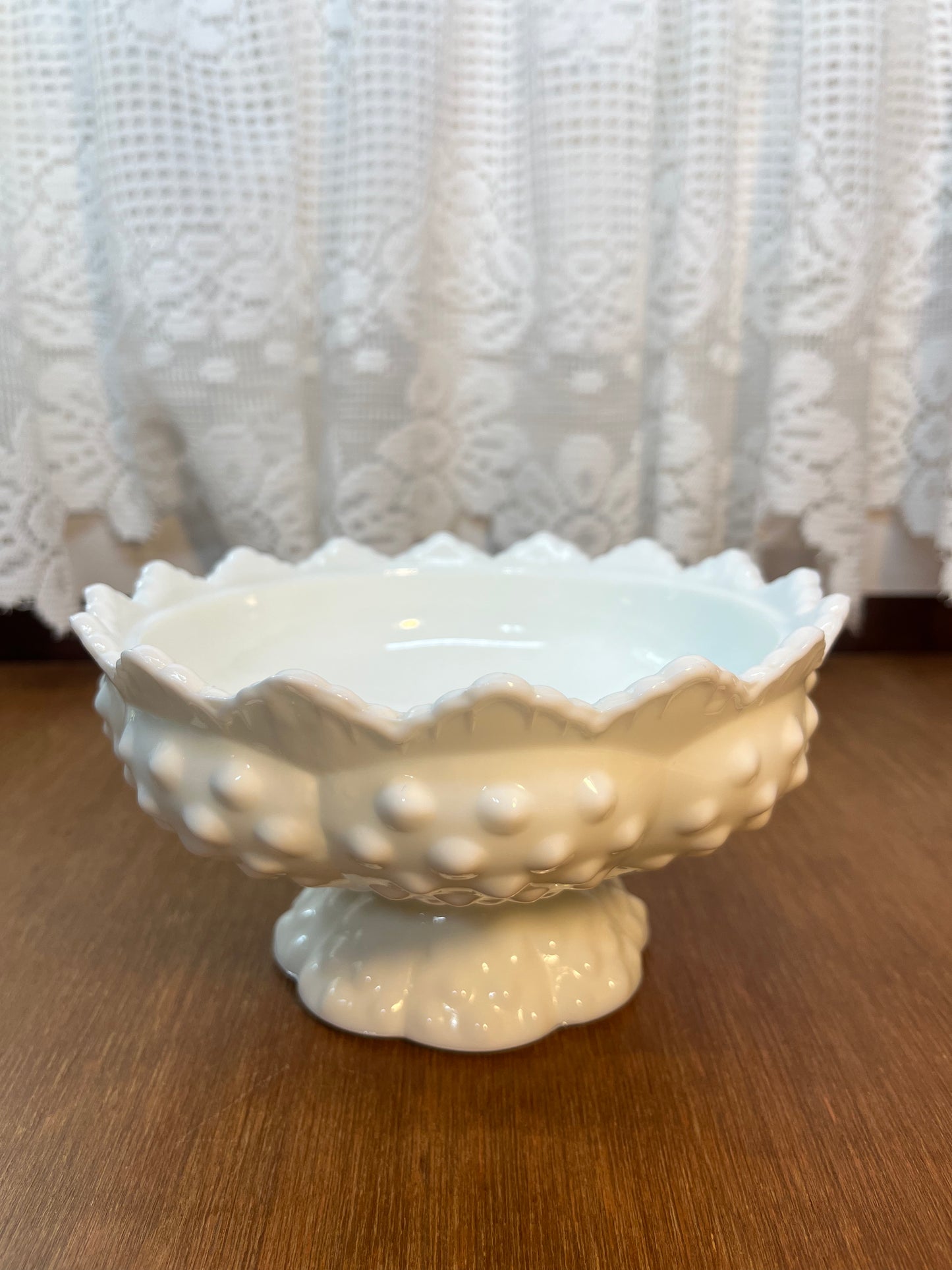 Vintage Milk Glass Hobnail Fenton Saw Tooth Pedestal Candy Bowl