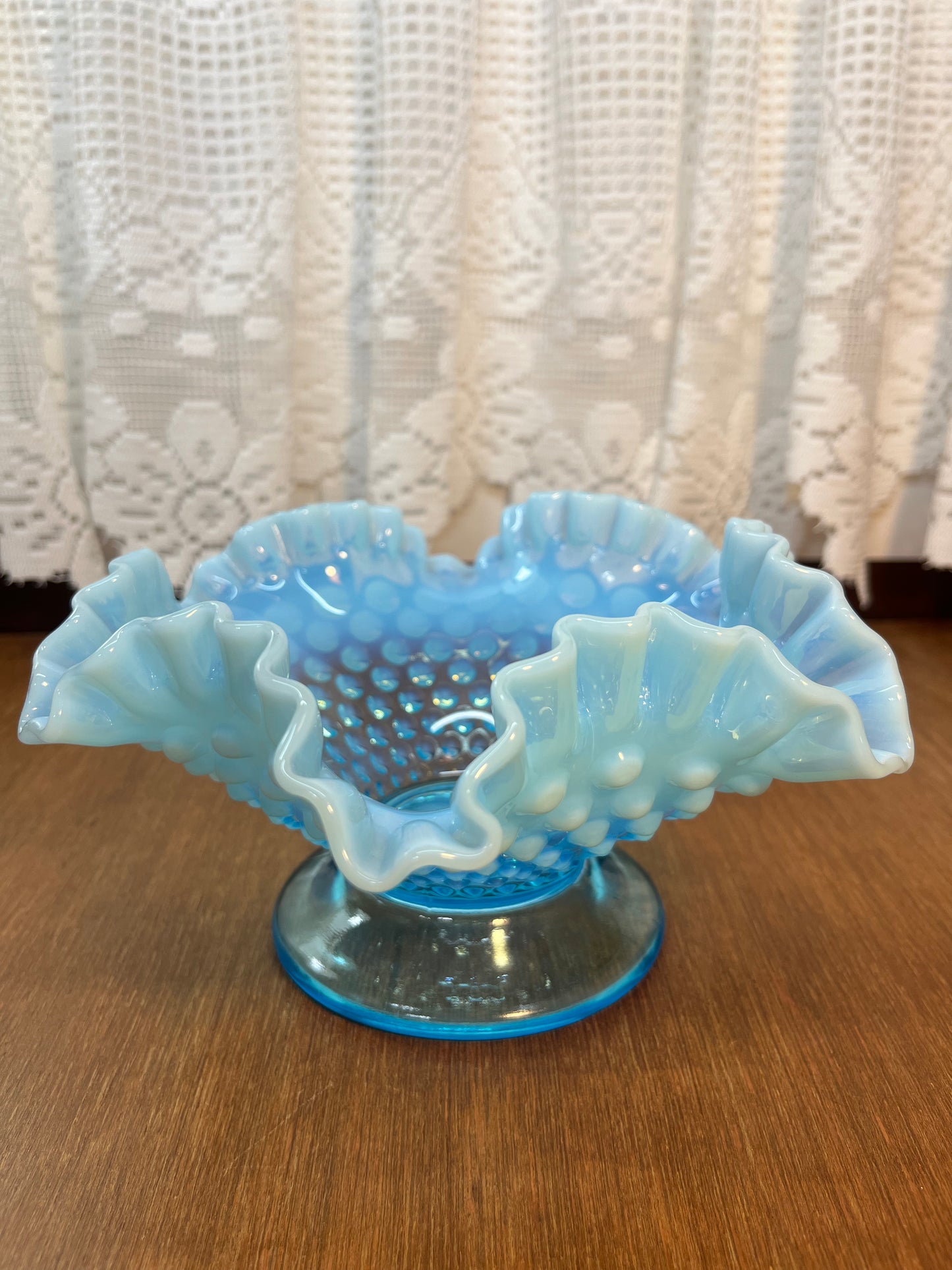 Vintage Opalescent Blue & White Ruffle Top Hobnail Pedestal Dish