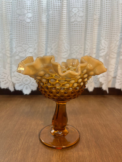 Vintage Amber Opalescent Fenton Ruffle Top Hobnail Pedestal Dish