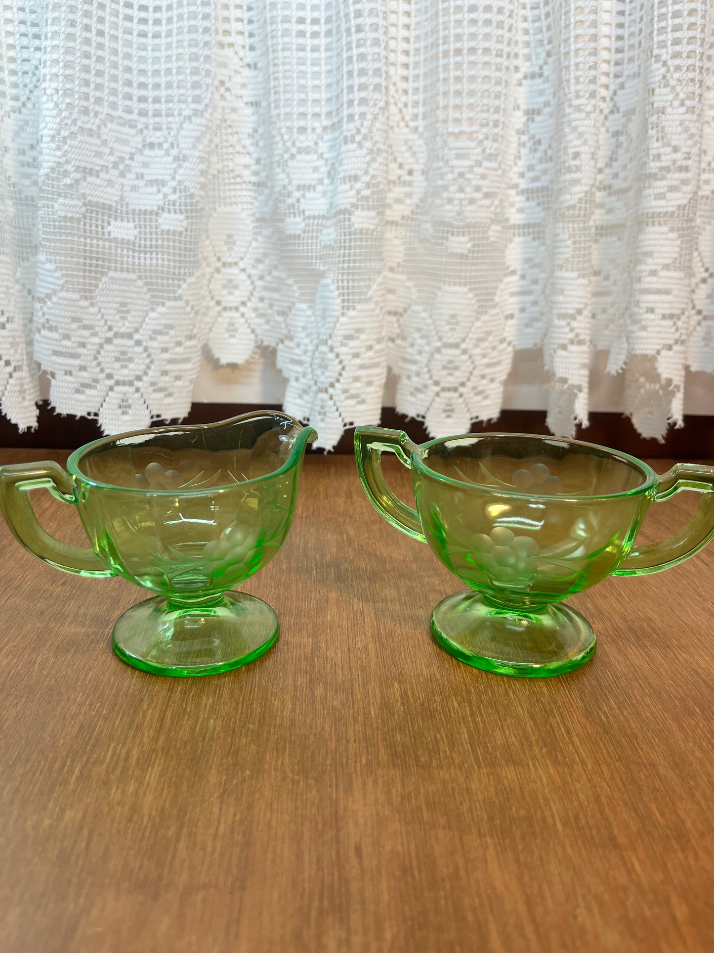 Vintage Floral Etched Uranium Cream & Sugar Glass Set