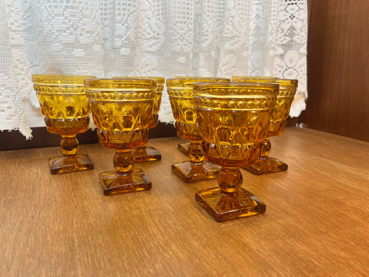 Eight Vintage Amber Indiana Glass Colony Park Lane Drinking Glasses