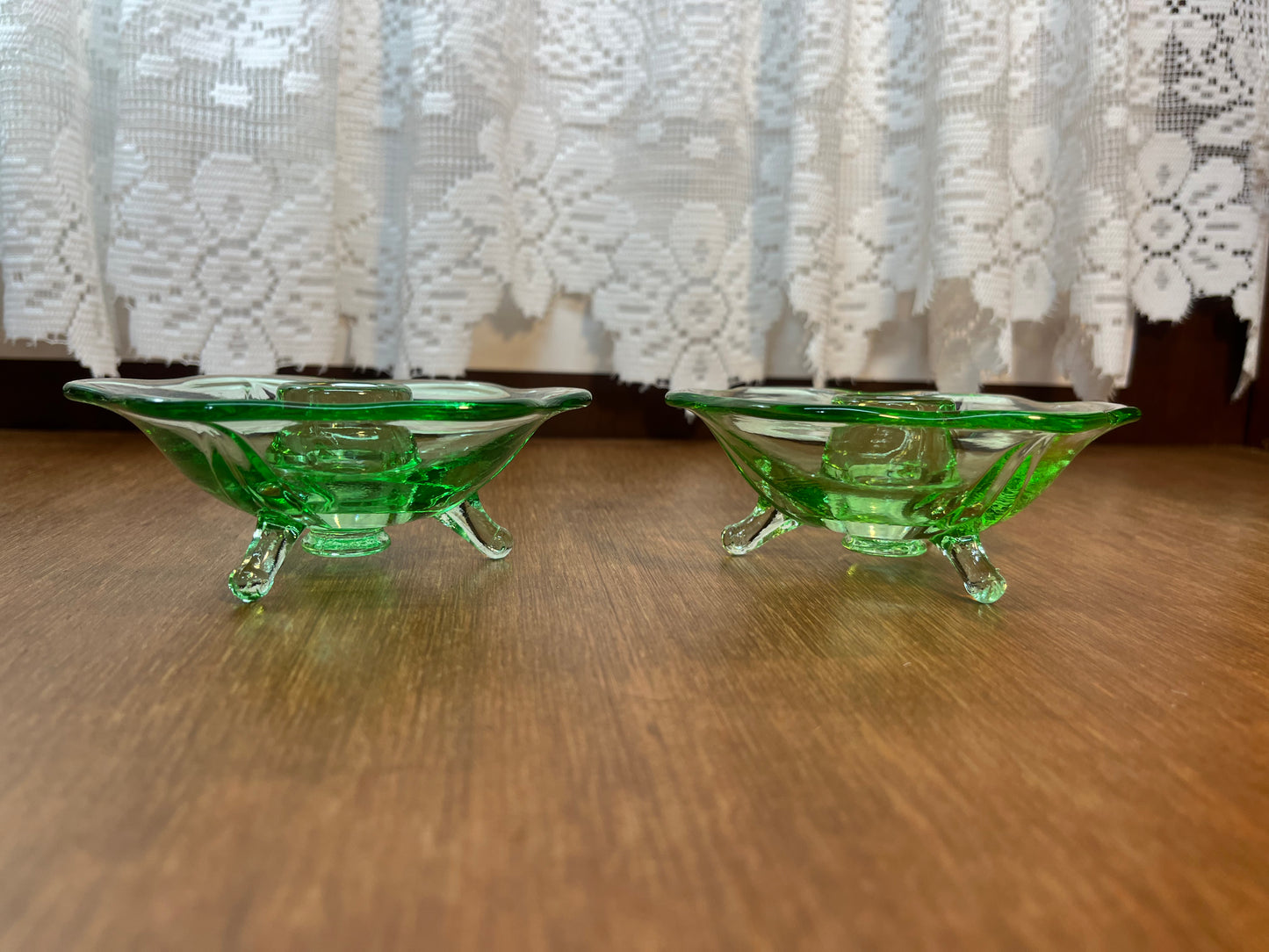 Vintage Set Of Uranium Glass Lotus Candle Holders