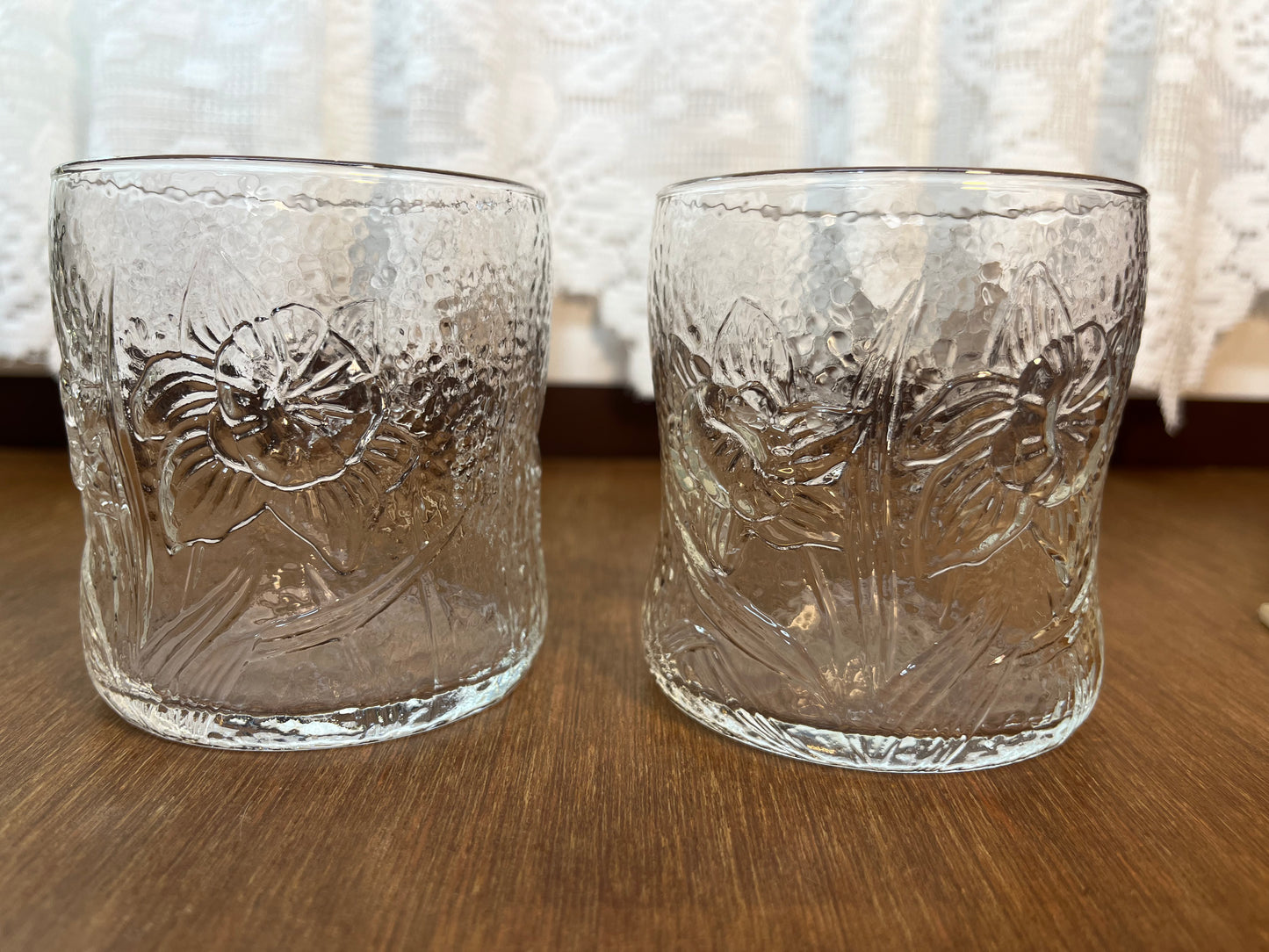 Two Vintage Clear Glass Floral Cups