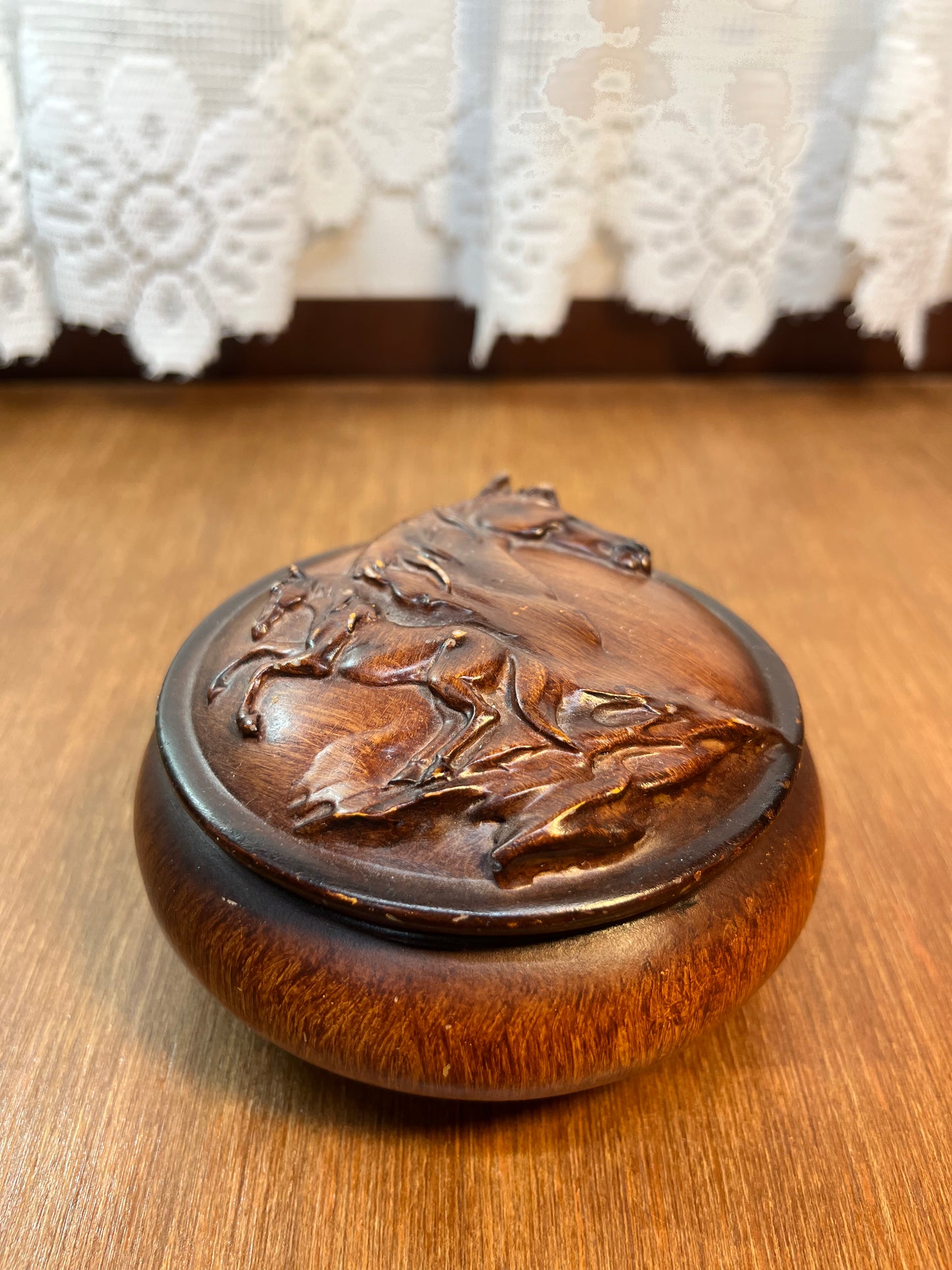 Wooden Horse Resin Round Trinket Box