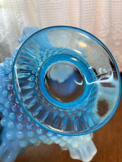 Vintage Opalescent Blue & White Ruffle Top Hobnail Pedestal Dish