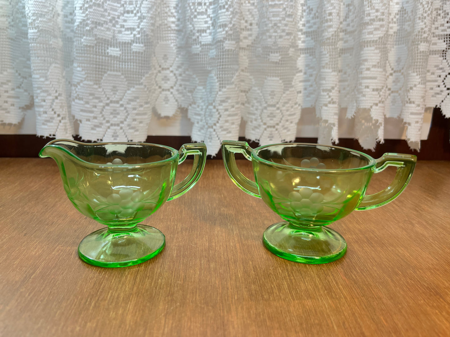 Vintage Floral Etched Uranium Cream & Sugar Glass Set