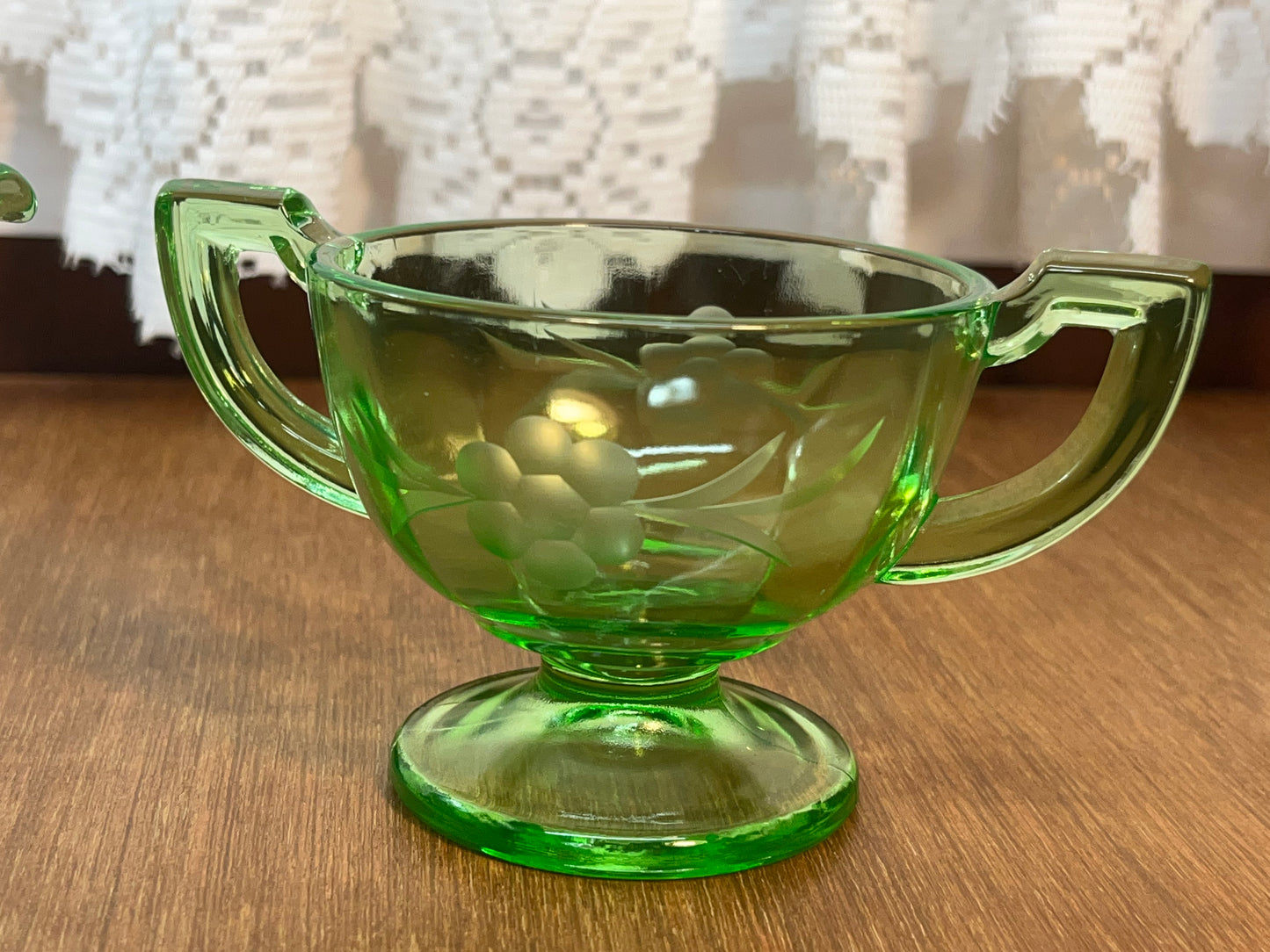 Vintage Floral Etched Uranium Cream & Sugar Glass Set