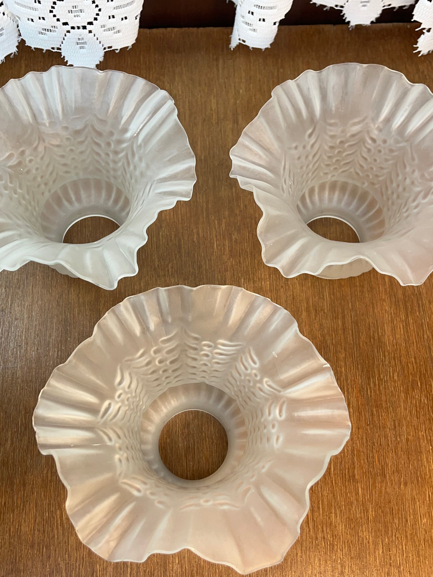 Three Frosted Ruffled Glass Shades