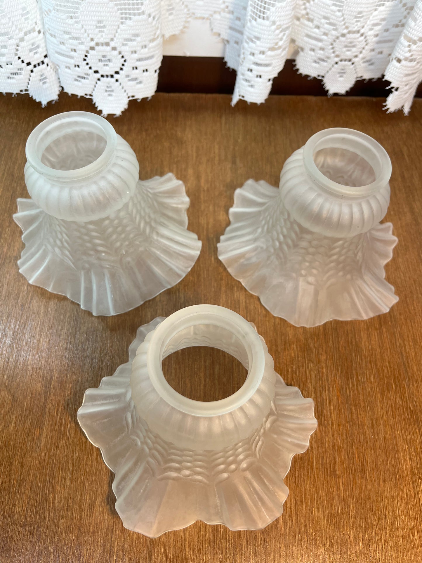 Three Frosted Ruffled Glass Shades