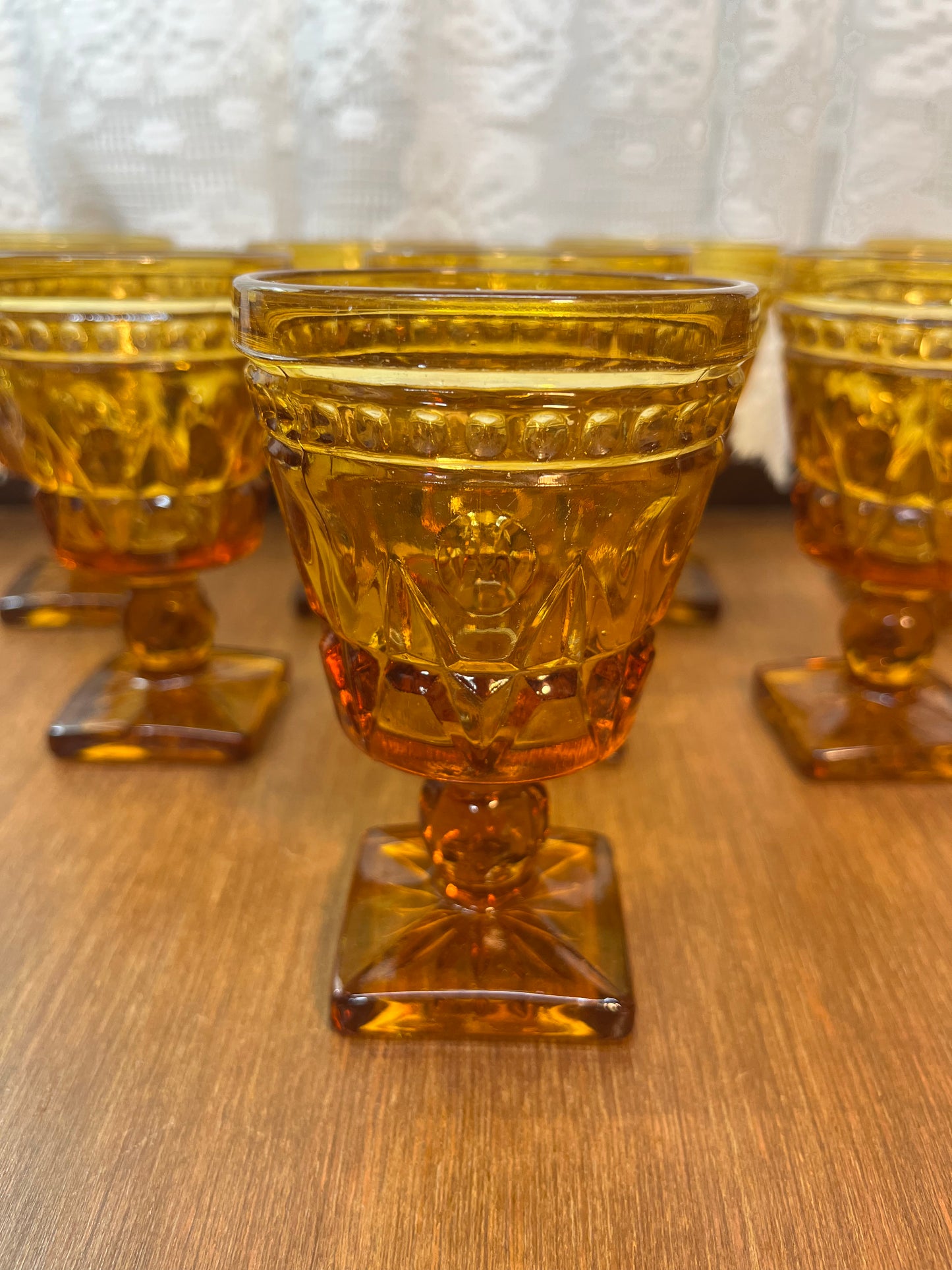 Eight Vintage Amber Indiana Glass Colony Park Lane Drinking Glasses