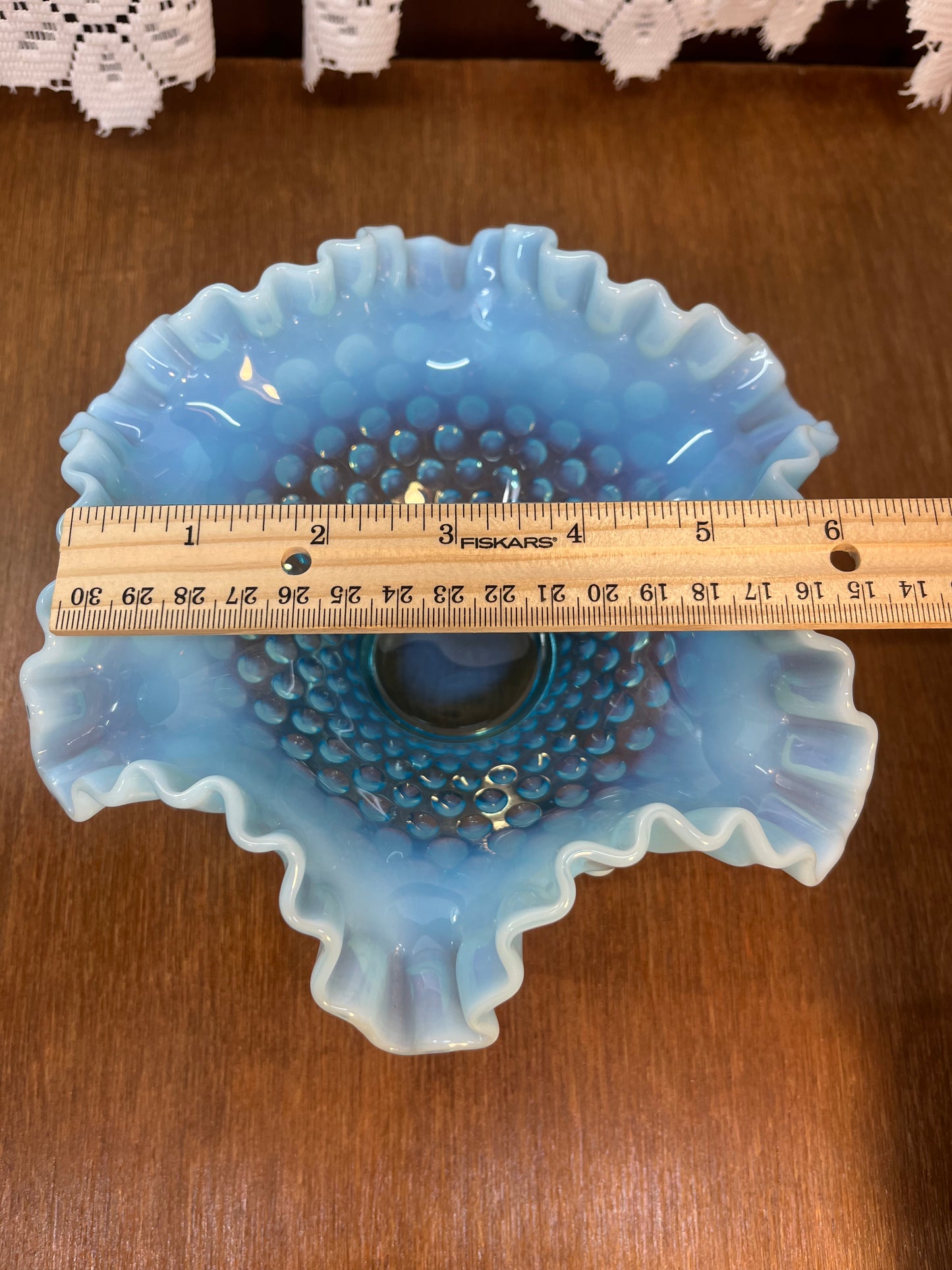 Vintage Opalescent Blue & White Ruffle Top Hobnail Pedestal Dish