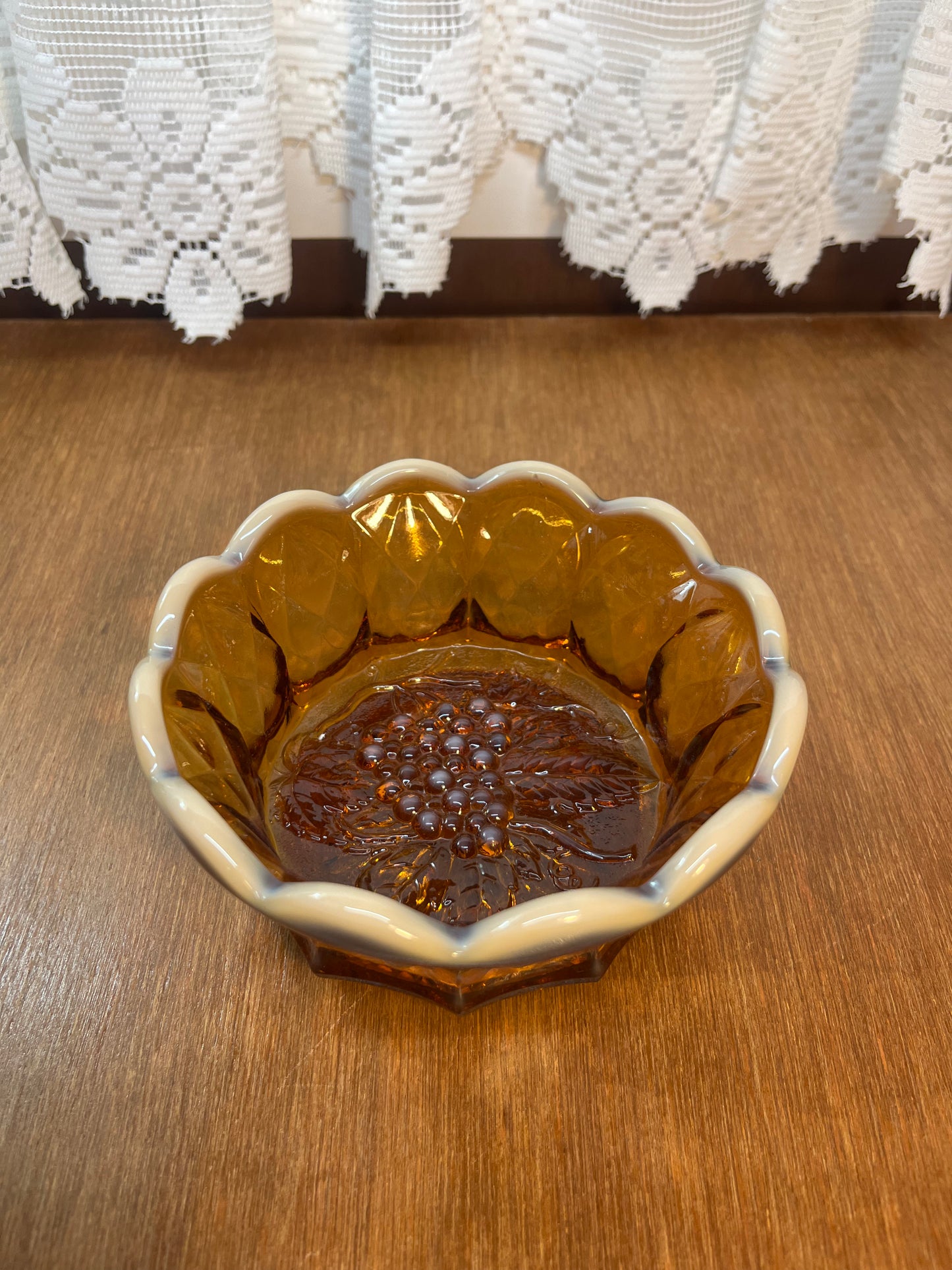 Vintage Amber Art Glass Fenton Scallop Top Grape Bowl