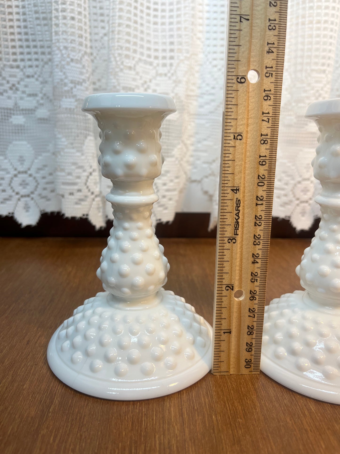 Vintage Milk Glass Hobnail Candle Holder Set