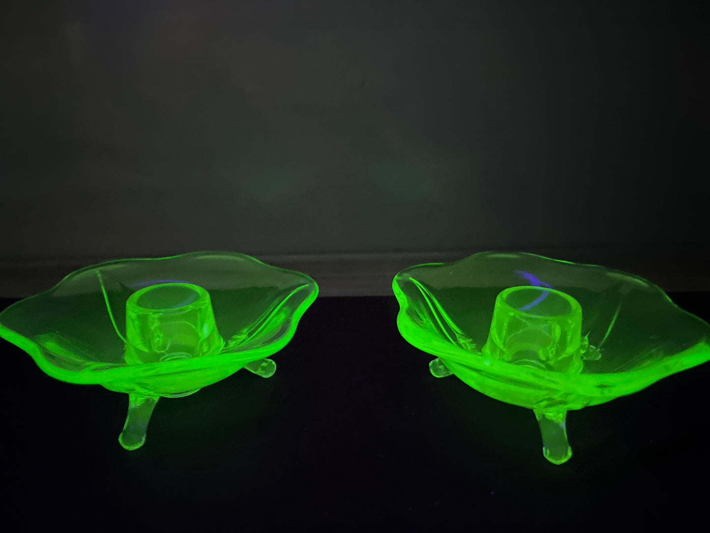 Vintage Set Of Uranium Glass Lotus Candle Holders