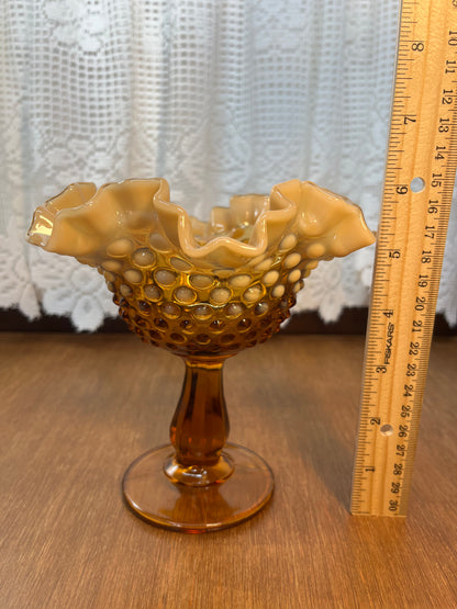 Vintage Amber Opalescent Fenton Ruffle Top Hobnail Pedestal Dish