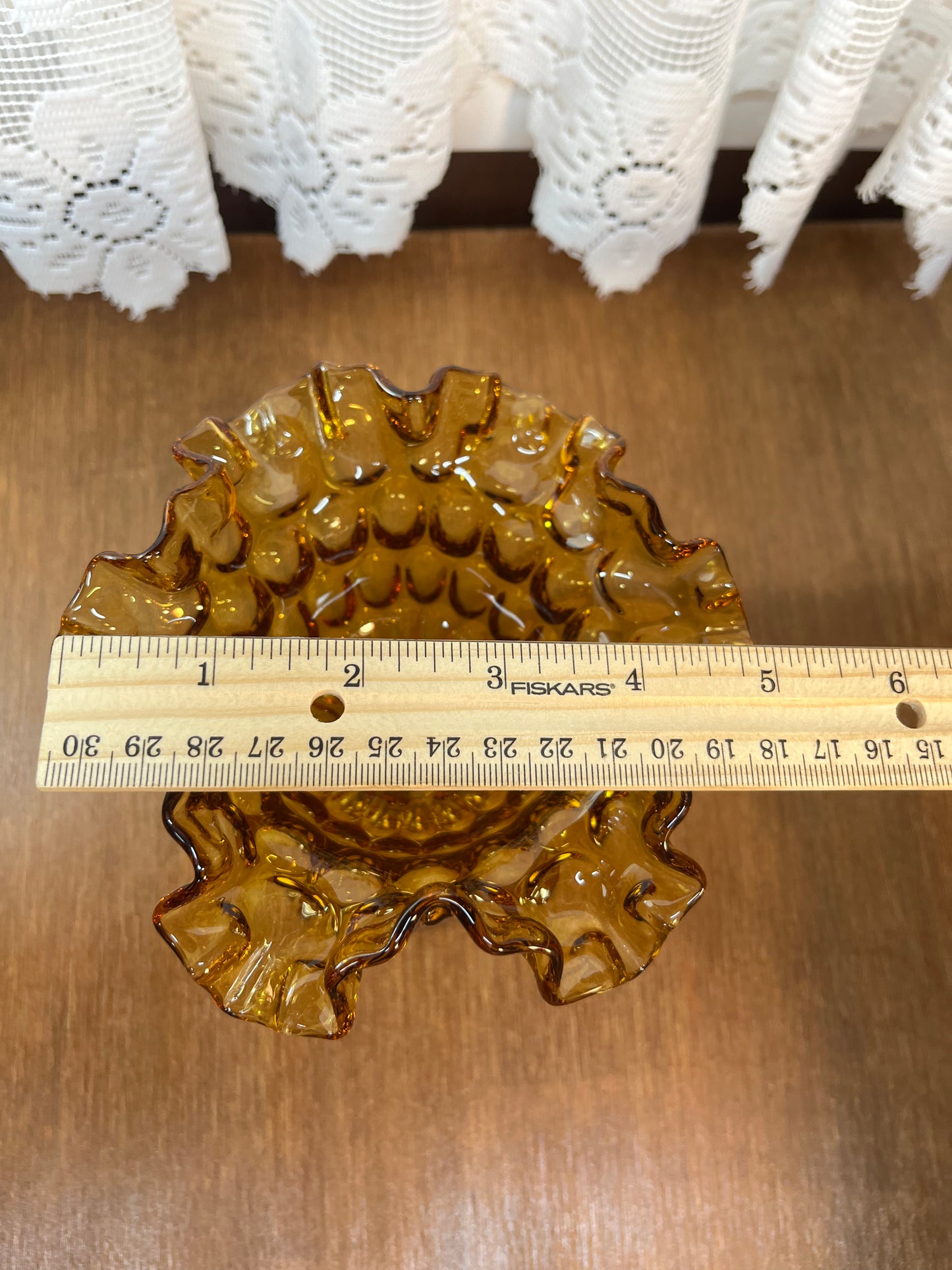 Vintage Amber Thumbprint Fenton Ruffle Top Pedestal Dish