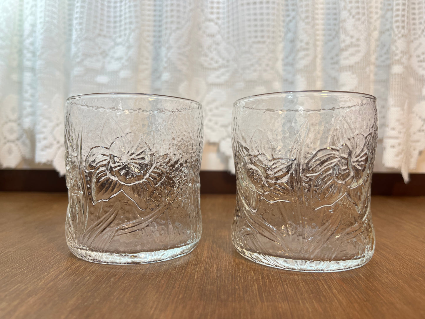 Two Vintage Clear Glass Floral Cups